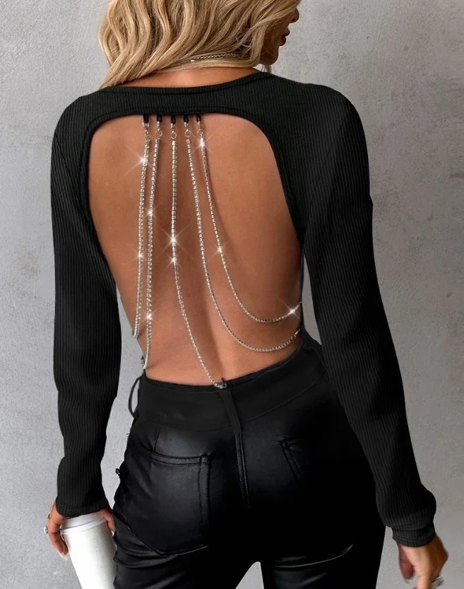 Fashion Woman Blouse Spring Rhinestone Chain Strap Backless Casual Plain Slash Neck Long Sleeve Daily Tee Top Y2K Clothes