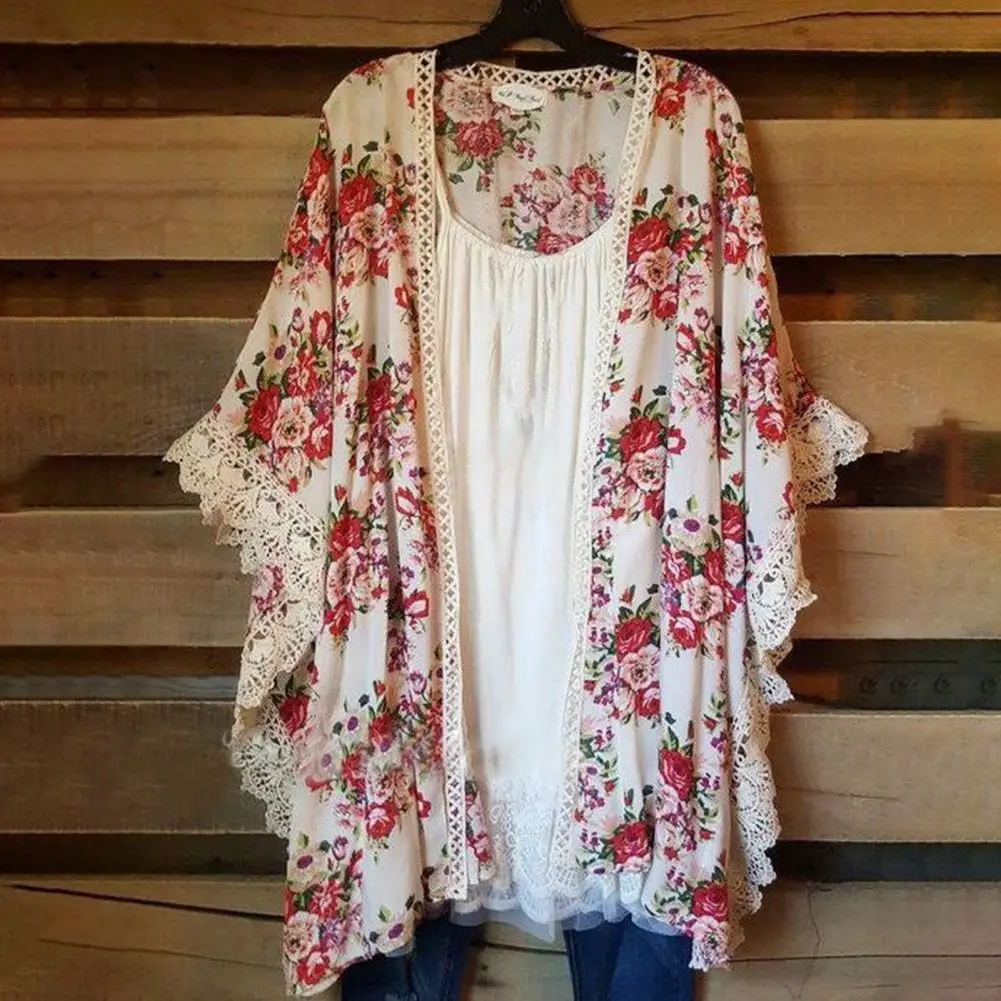 

Шифоновый кардиган, кружевная куртка с рукавами «летучая мышь», женское летнее пальто, кружевное пальто с цветочным принтом, свободная солнцезащитная блузка, верхняя одежда