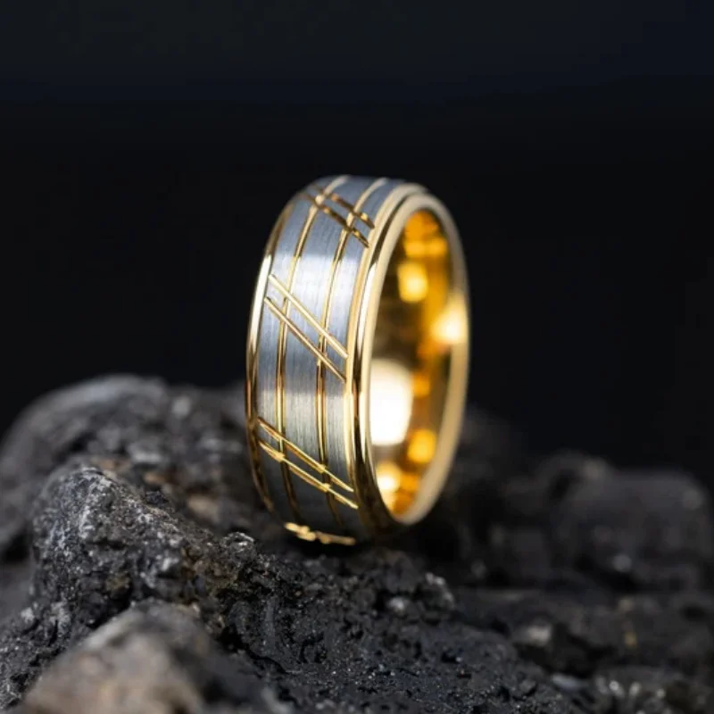 Gold Silver Ring, Brushed Tungsten Carbide Ring, Gold Thread Ring, Men's Ring, Wedding Ring, Gold Slotted Ring, 8Mm Ring