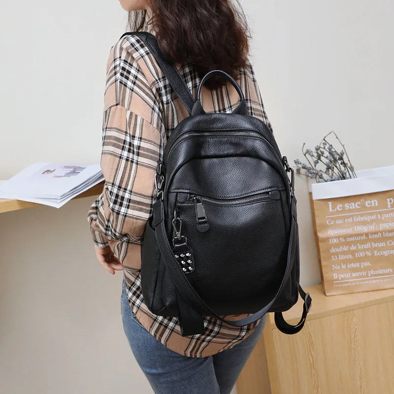 Fashion Leather Leisure Travel Backpack for Women, Large Capacity Trendy Black Backpack