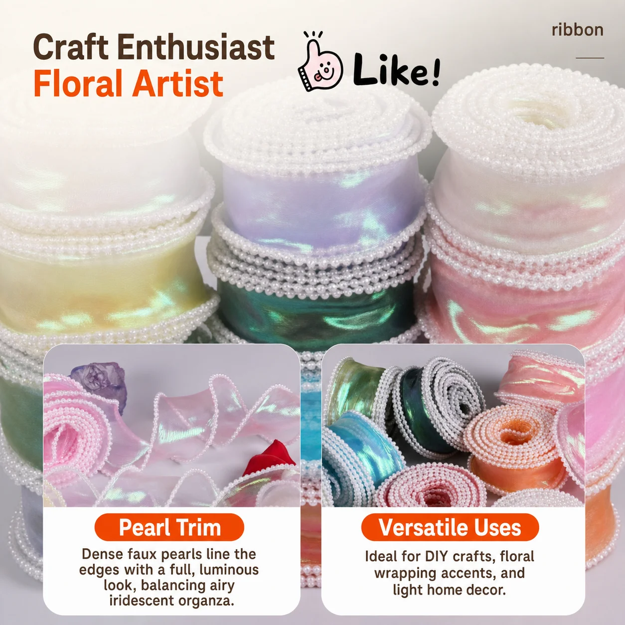 Polyester Ribbon Multiple Colors Iridescent Ribbon Bow Ribbon Pearl Trimmed For Holiday Decoration Hair Bow Making Handmade