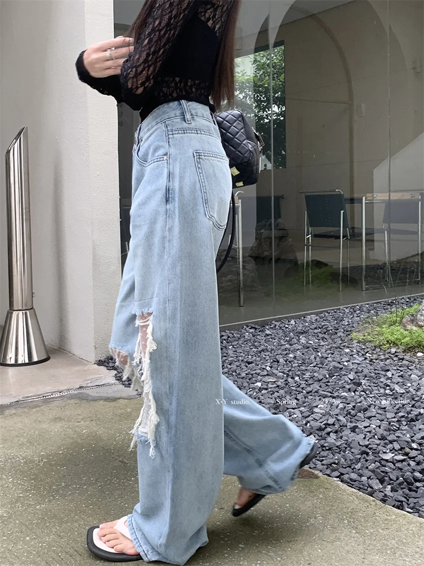 PLAMTEE Wide Leg Jeans Patchwork Lace Hole Vintage Fashion Summer High Waist Slim New Chic Daily All Match Straight Pants