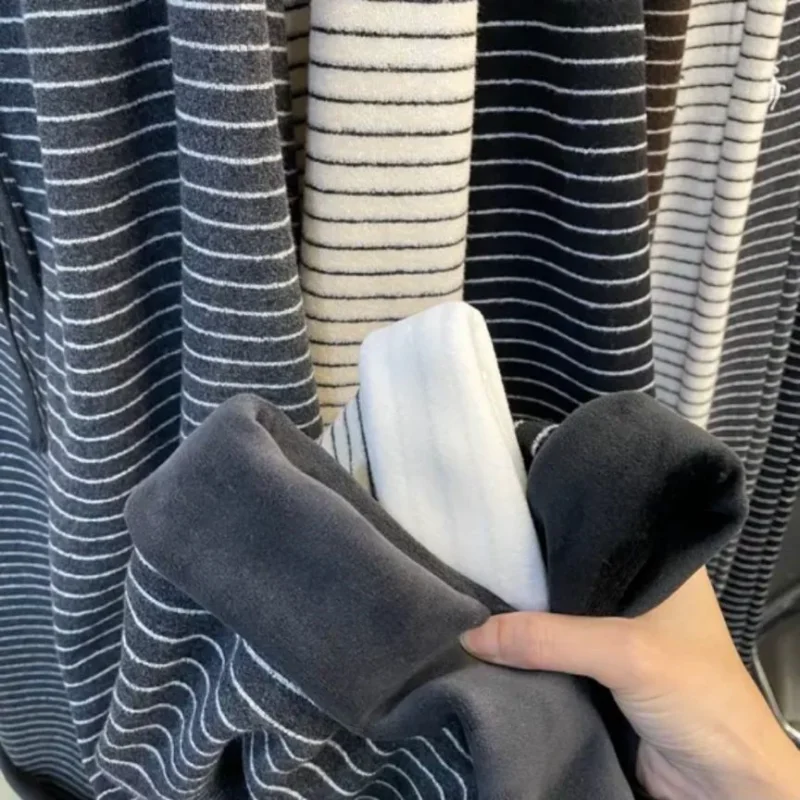 الخريف والشتاء جديد دافئ الرجعية مخطط سراويل تقليدية مع الصوف المرأة النسخة الكورية عالية الخصر مستقيم الساق بنطال ذو قصة أرجل واسعة #6