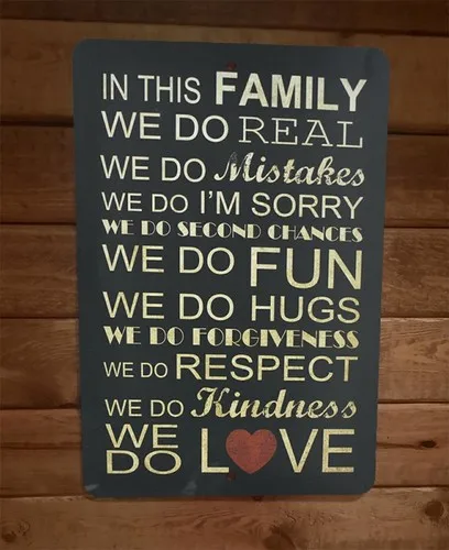 In This Family We Do Real Hugs Respect Love  Metal Wall Sign Phrase Quote