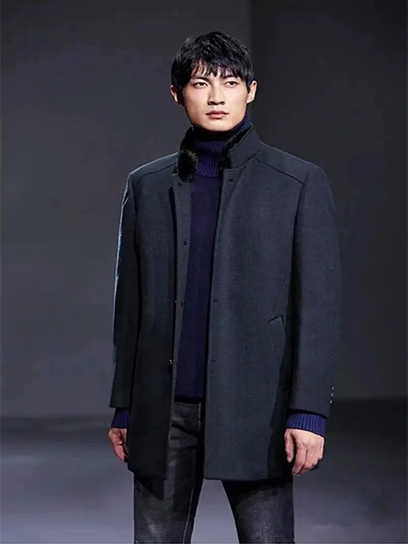 

Thiened Woolen Coat Men's Busin Casual Mid-Length Wool Suiting Jaet with Fur Collar for Autumn Winter Season