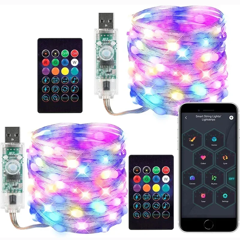 LED الجنية ضوء سلسلة Led سلك سلسلة ضوء بلوتوث APP التحكم عن بعد سلك PVC حلم اللون ضوء حديقة ديكور حفلات الزواج