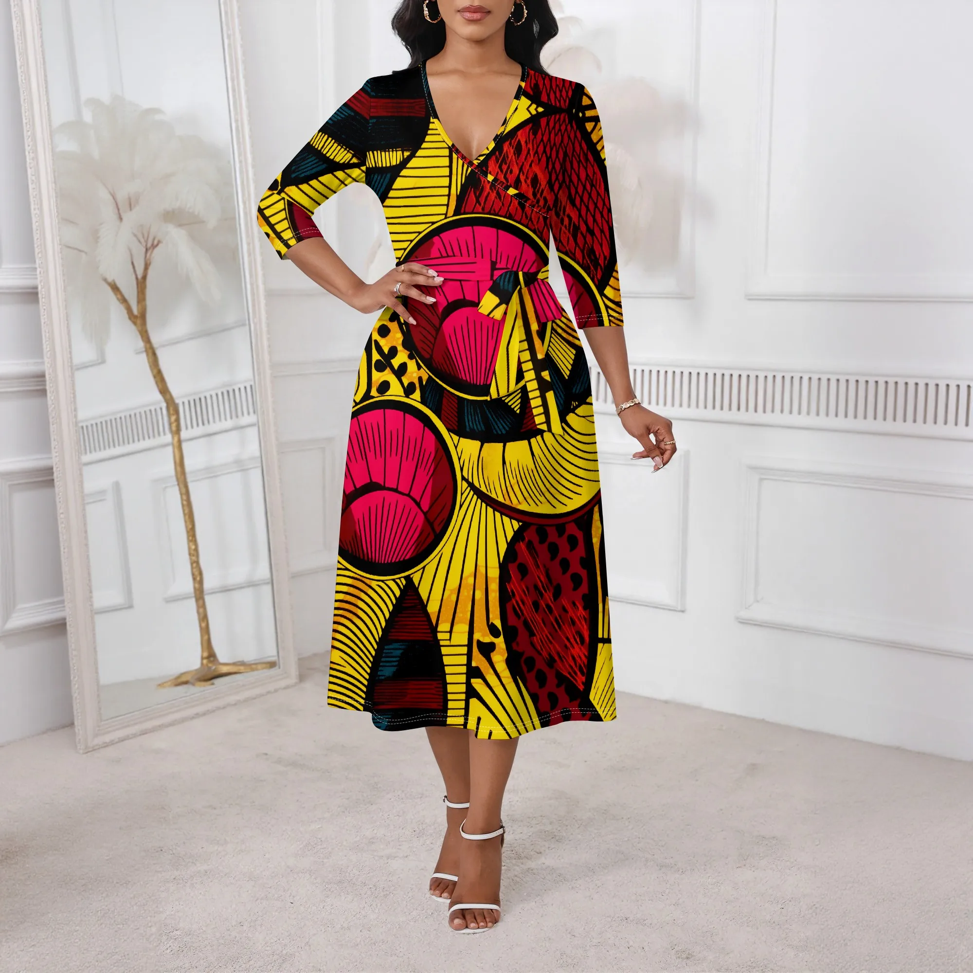 

XS-3XL African Print Wrap Midi Dress for Women V-Neck Traditional Style for Juneteenth, Kwanzaa or Afro Cultural Festival Look