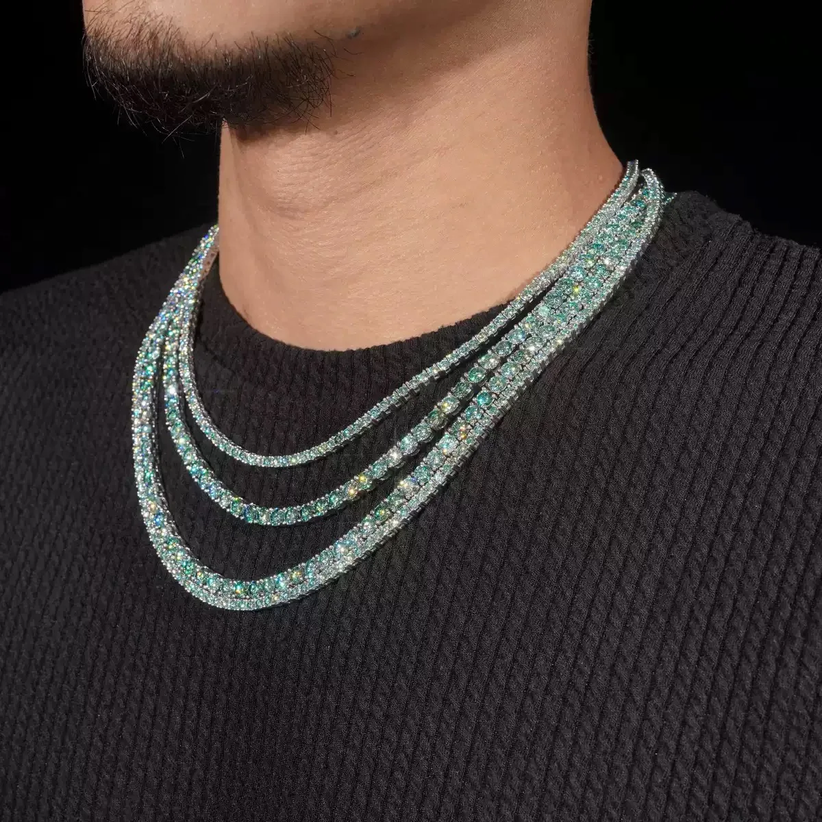 

Хип-хоп сине-зеленый муассанит 4 мм S925 серебряная теннисная цепочка сертификат GRA