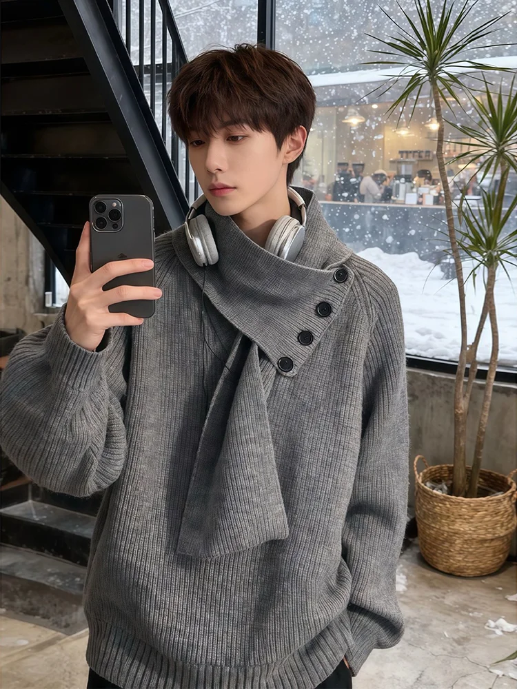 

Мужской теплый свитер с отстегивающимся шарфом, американский свободный вязаный джемпер с высоким воротником и длинными рукавами для повседневной носки