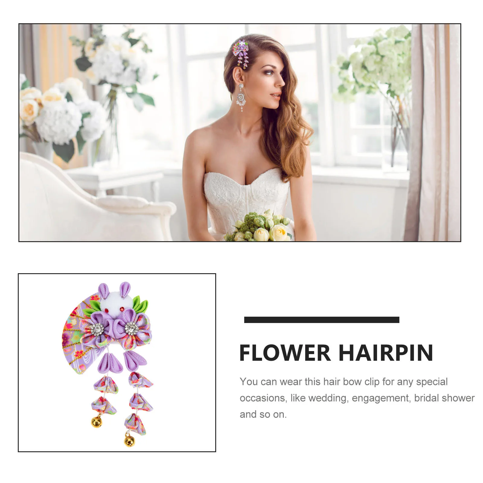 

Cloth Flower Hairpin with Tassel Lovely Rabbit Hair Clip Hanfu Headdress Girls Hair Accessory for Special Occasion