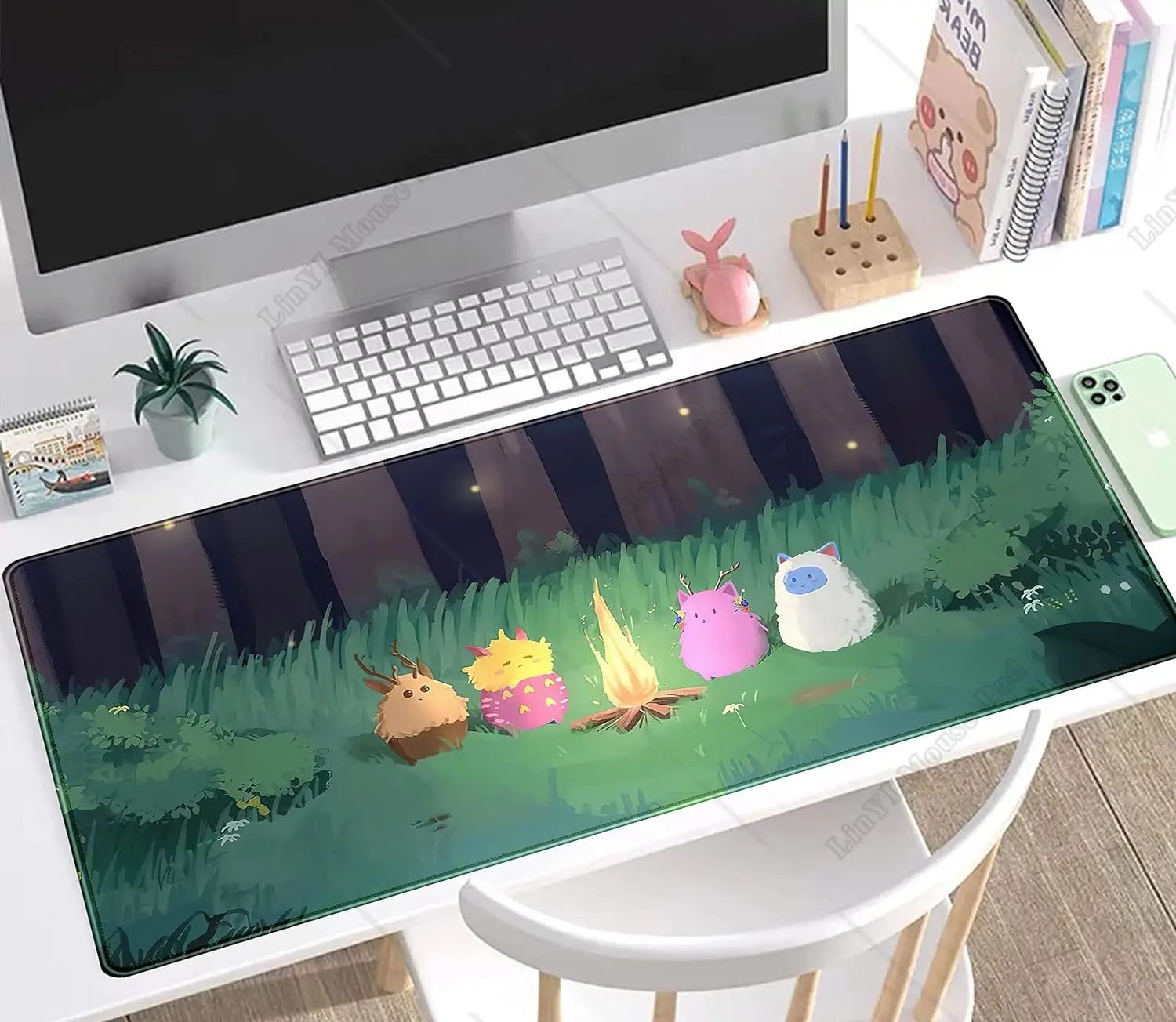 Cute Desk Mat Kawaii Anime Large Gaming Mouse Pad Green Forest Mousepad Computer Laptop Mouse Mat Pad for Women 31.5x15.75 in