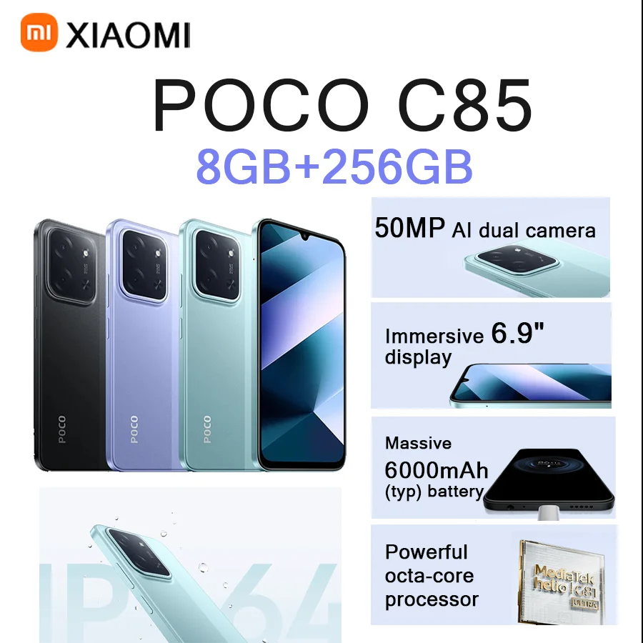 Xiaomi POCO C85, Pantalla de 6.9 Pulgadas y 120 Hz, 8 GB + 256 GB, Cámara de 50 MP, Batería de Larga Duración de 6000 mAh, Versión 4G [UE/EE. UU.], Teléfono Inteligente con Doble SIM