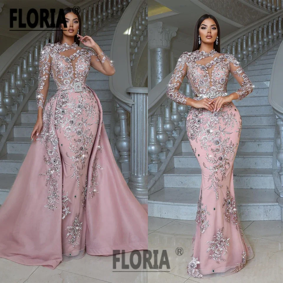 Vestidos de Noche de sirena de Dubái con flores, Apliques de encaje, vestidos de fiesta de boda, Arabia, vestido de ocasión Formal, Túnica de soirée