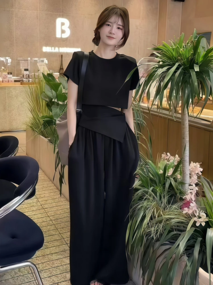 

Korean Style Slimming Casual Two-Piece Set Women Summer New round Neck Short Top High Waist Draped Wide Leg Pants Suit