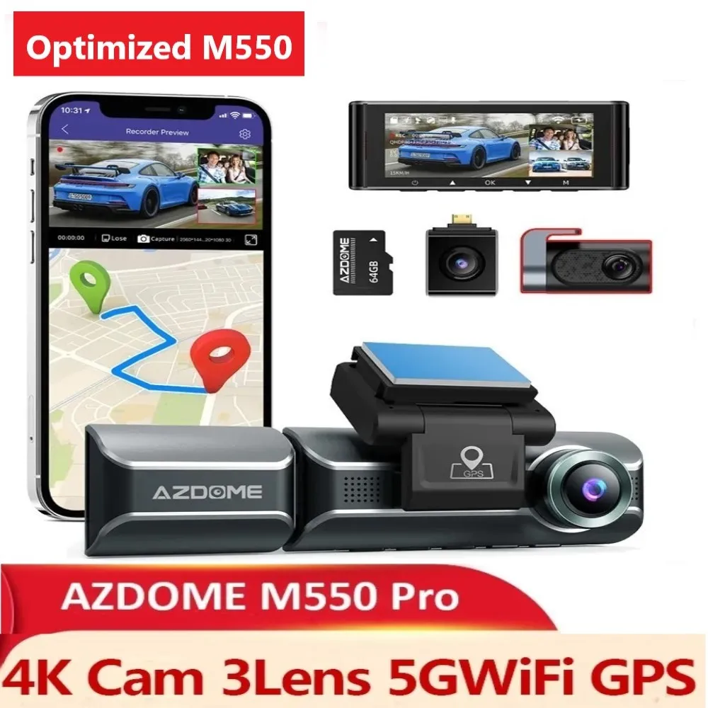 

Optimized M550 AZDOME Car DVR M550Pro Dash Cam 4K 5Ghz WiFi 3 Cameras Front/Cabin/Rear Cam GPS Night Vision 24h Parking Monitor