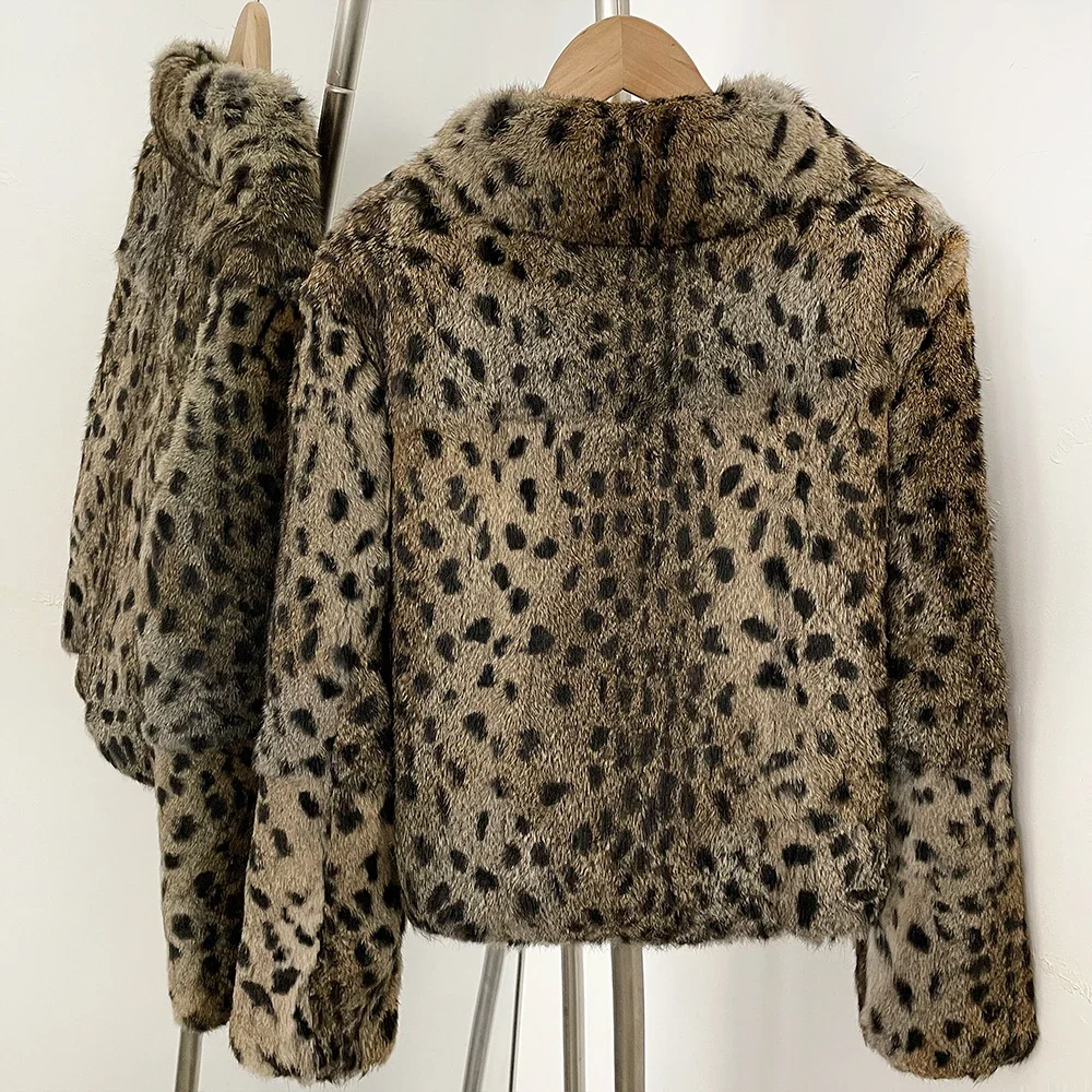 OFTBUY Peter-Pan-Kragen Kurze Winterjacke aus Natürlichem Kaninchenfell für Damen Leopardenmuster Echter Kaninchenfellmantel Neue Kleidung Warm für Frauen – Detail 12