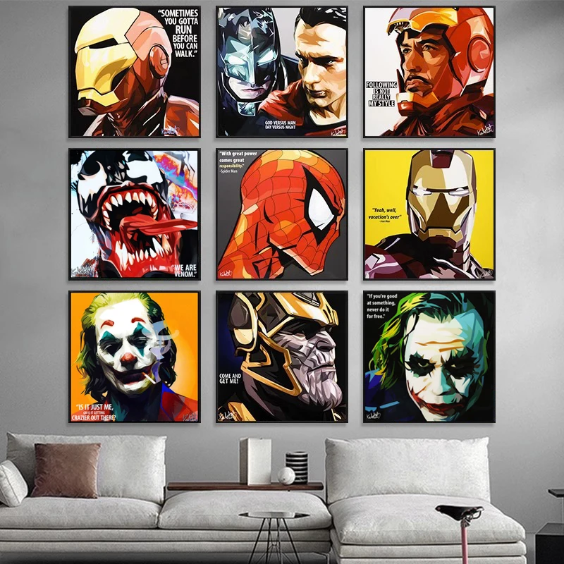 Peinture décorative Iron Man, Affiches Marvel, Peinture murale Spider-Man du film américain, Peinture sur toile Avengers League pour salle d'e-sport et décoration clown