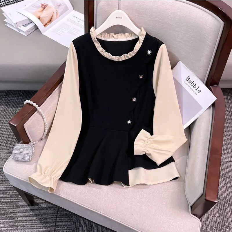 2024 New Summer Elegant Fashion Simplicity Loose Casual Office Lady Women\'s Shirt Splicing Bell Sleeve O Neck Long Sleeve Tops