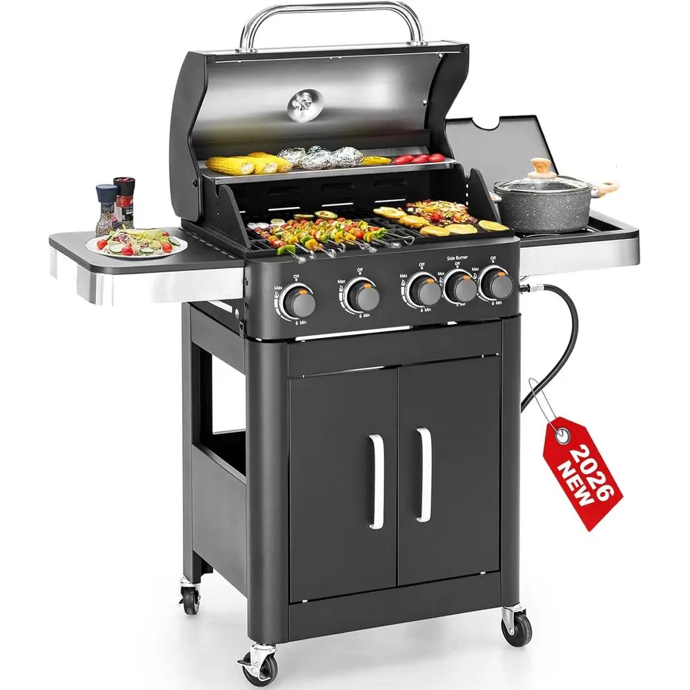 

4-Burner Propane BBQ Grill with Side Burner, Porcelain-Enameled Cast Iron Grates, and 46,700 BTU Griddle for Outdoor Cooking