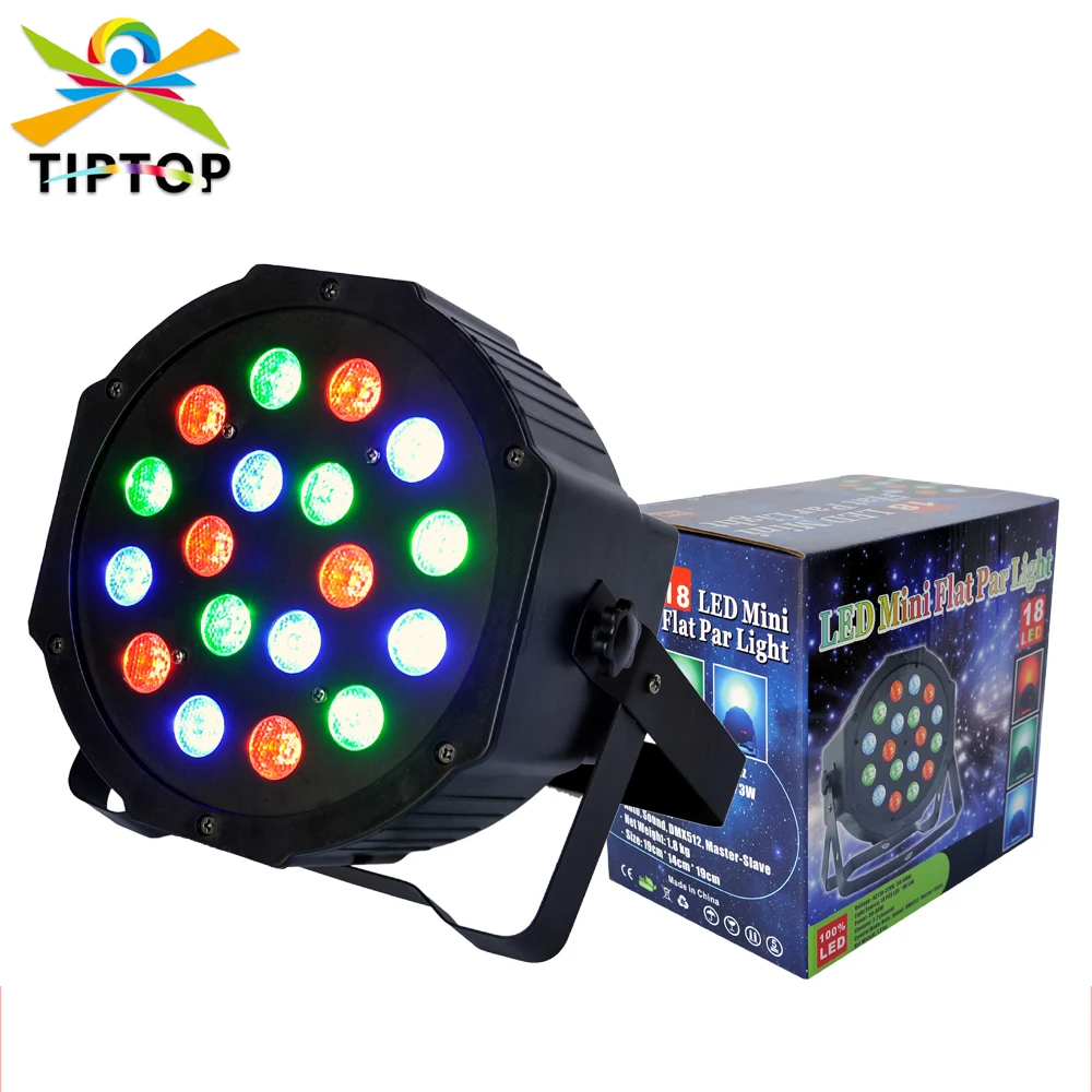 

TIPTOP Пластиковый черный 18x3 Вт RGB одноцветный светодиодный светильник Par, двухканальный DMX512, звук/мат, режим Slave, Линейный диммер