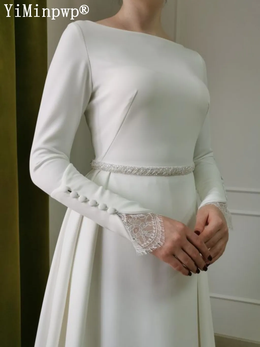 Robes de mariée gracieuses pour la mariée, manches longues, train de balayage, satin doux, ceinture de perles, patients musulmans, quelles que soient les robes de mariée