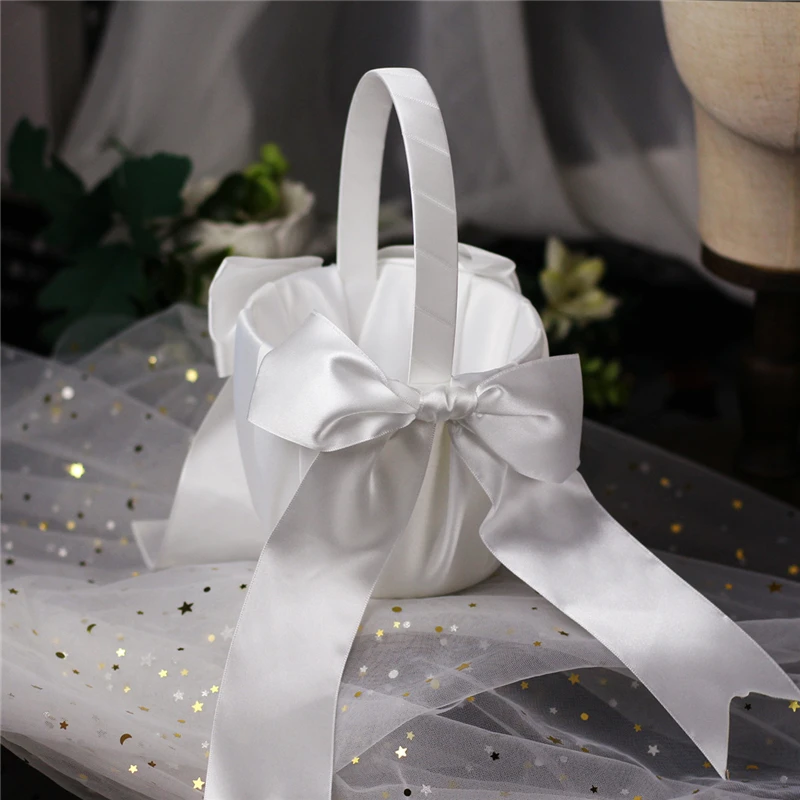 Bowknot Wedding Party Decoration Rose Flower Wedding Flower Girl Basket White Cute Rose Petal Flower Basket