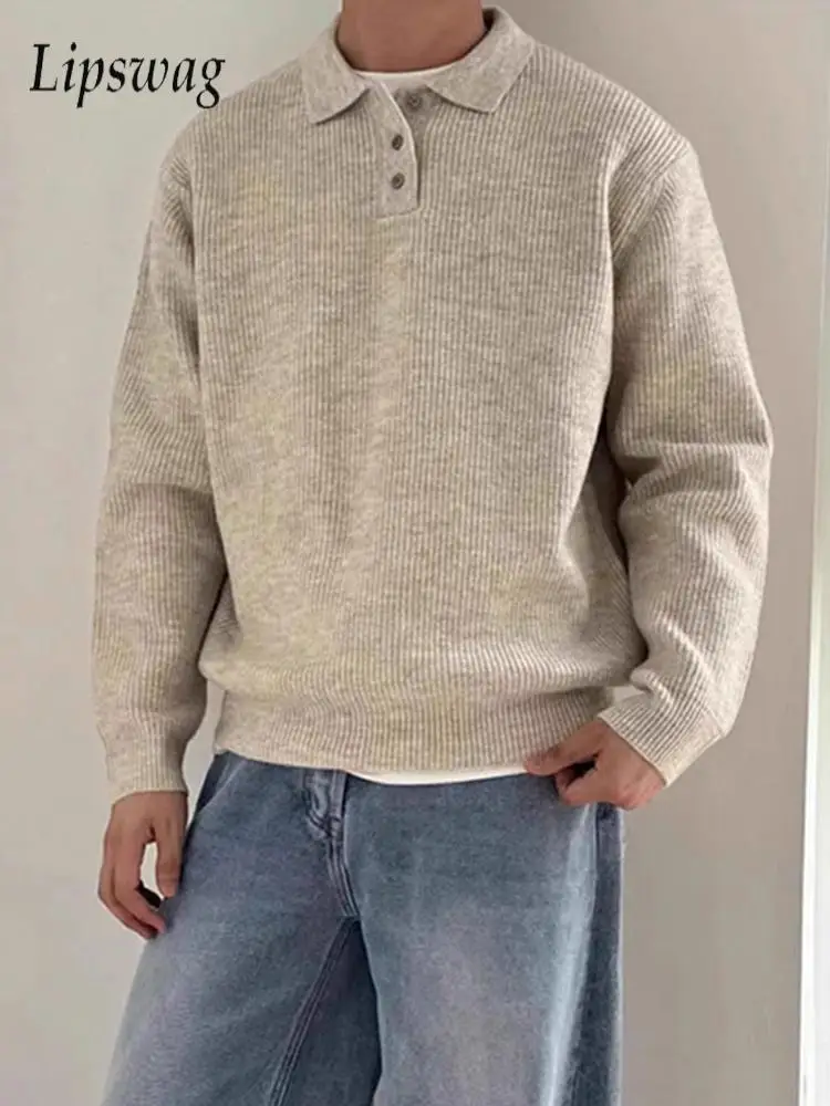 

Autumn Winter Mens Casual Sweater Polo Shirts Vintage Buttoned Turn-down Collar Sweaters Men's Outdoor Fashion Knitted Jumpers