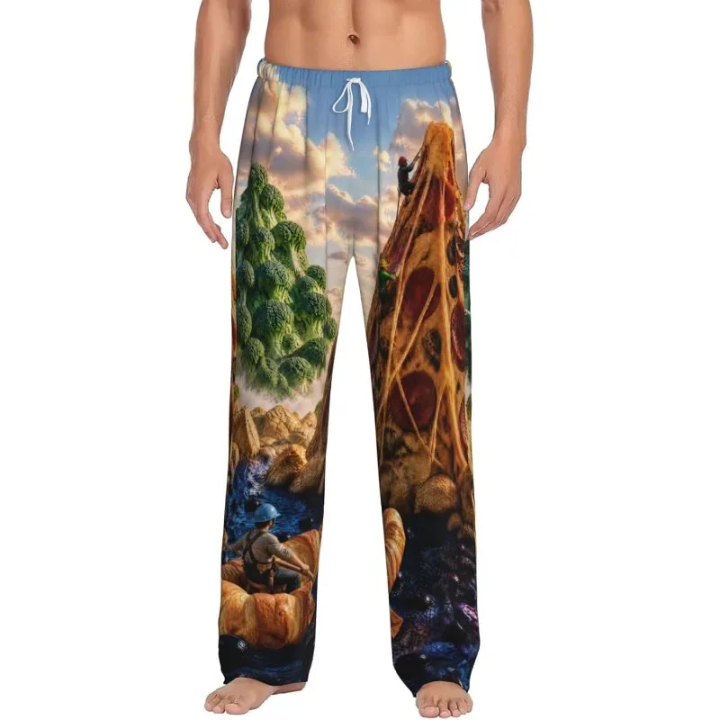 Men Funny Bacon & Eggs Family Portrait Print Lounge Pants, We GoTogether Like Bacon & Eggs Graphic Drawstring Casual Pajama Long