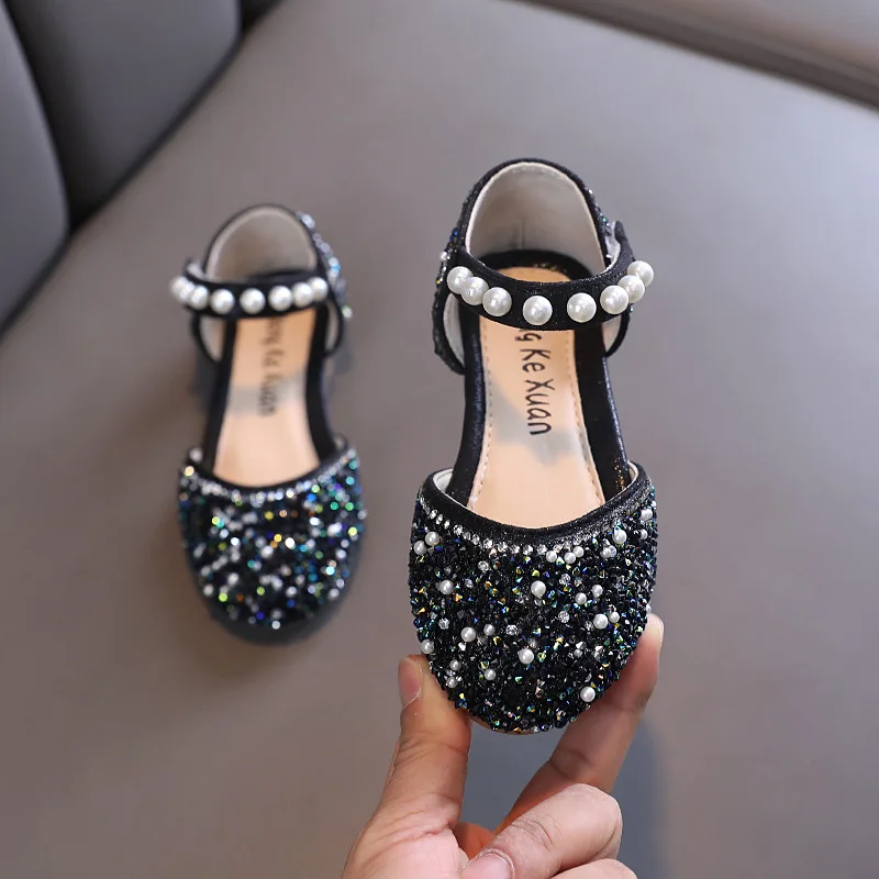 

AINYFU New Girls Sequin Flat Sandals Kids Fashion Pearl Flats Wedding Party Shoes Children's Bling Princess Non-slip Sandals