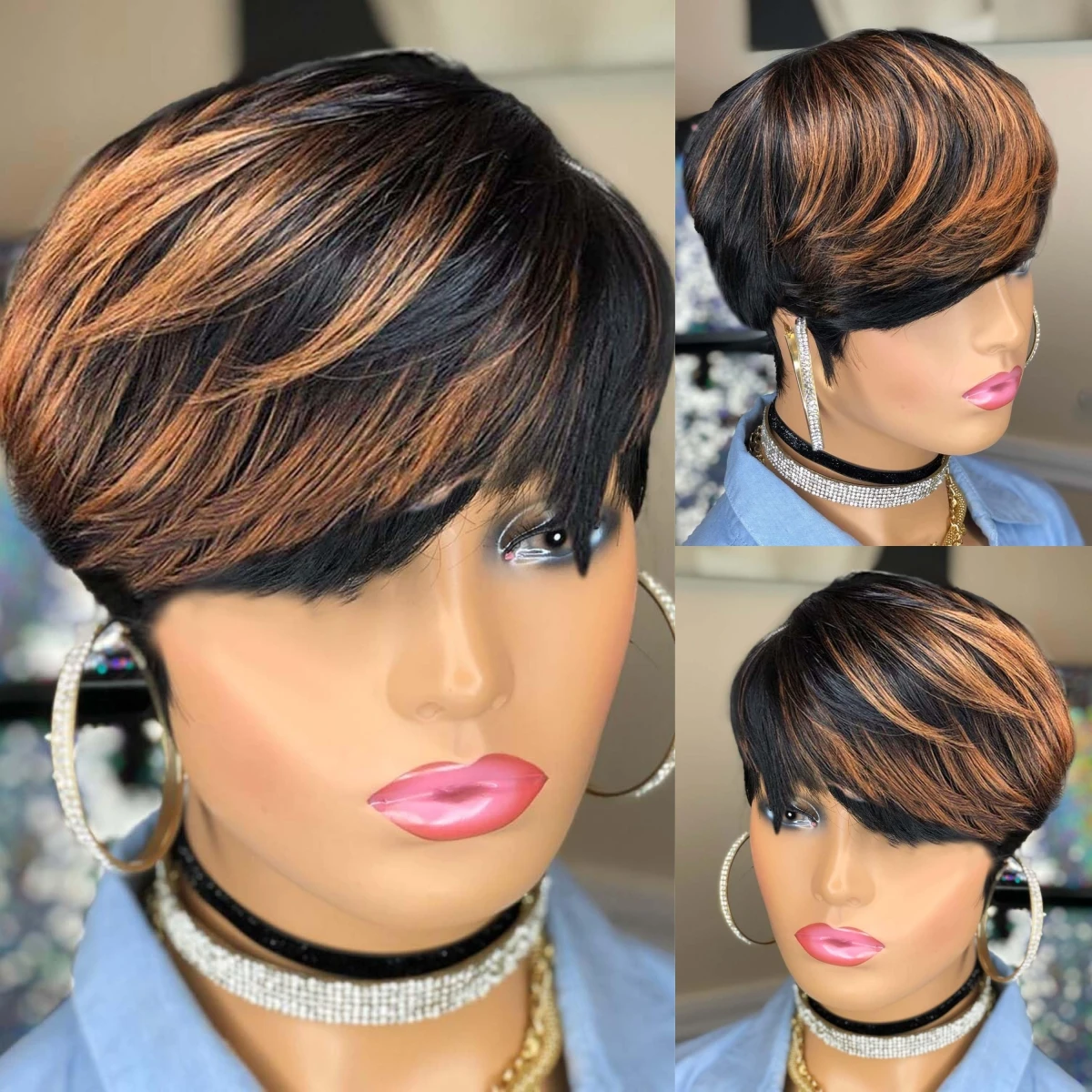 

CUZ of HAIR Ombre Black Brown Highlight Synthetic Short Straight Pixie Cut Hair Style Bob Wigs With Bangs For Black Women