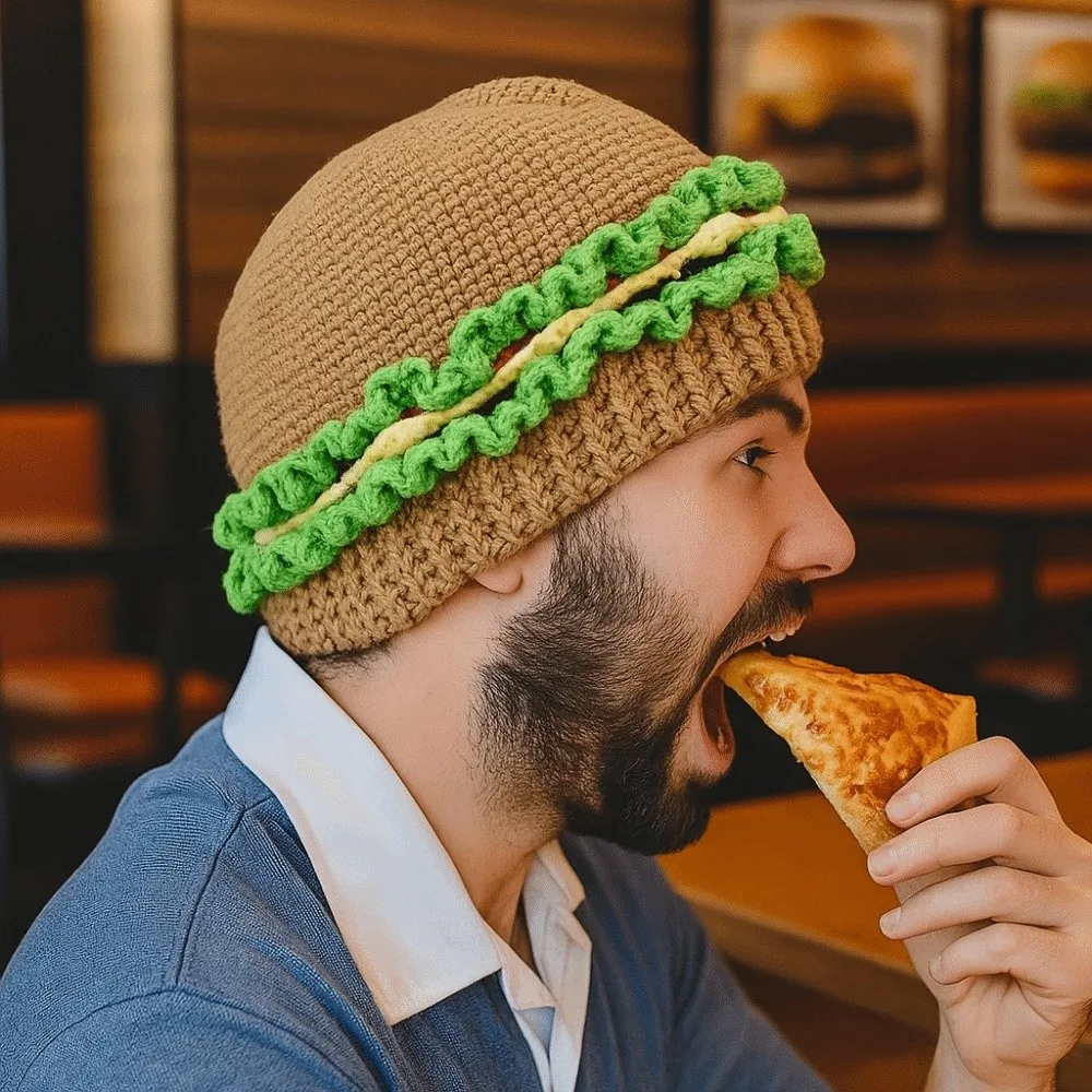 

Stretchy Creative Knitted Hamburger Hat Playful Warm Hamburger Pullover Cap Thick Handmade Funny Hamburger Beanie Cycling