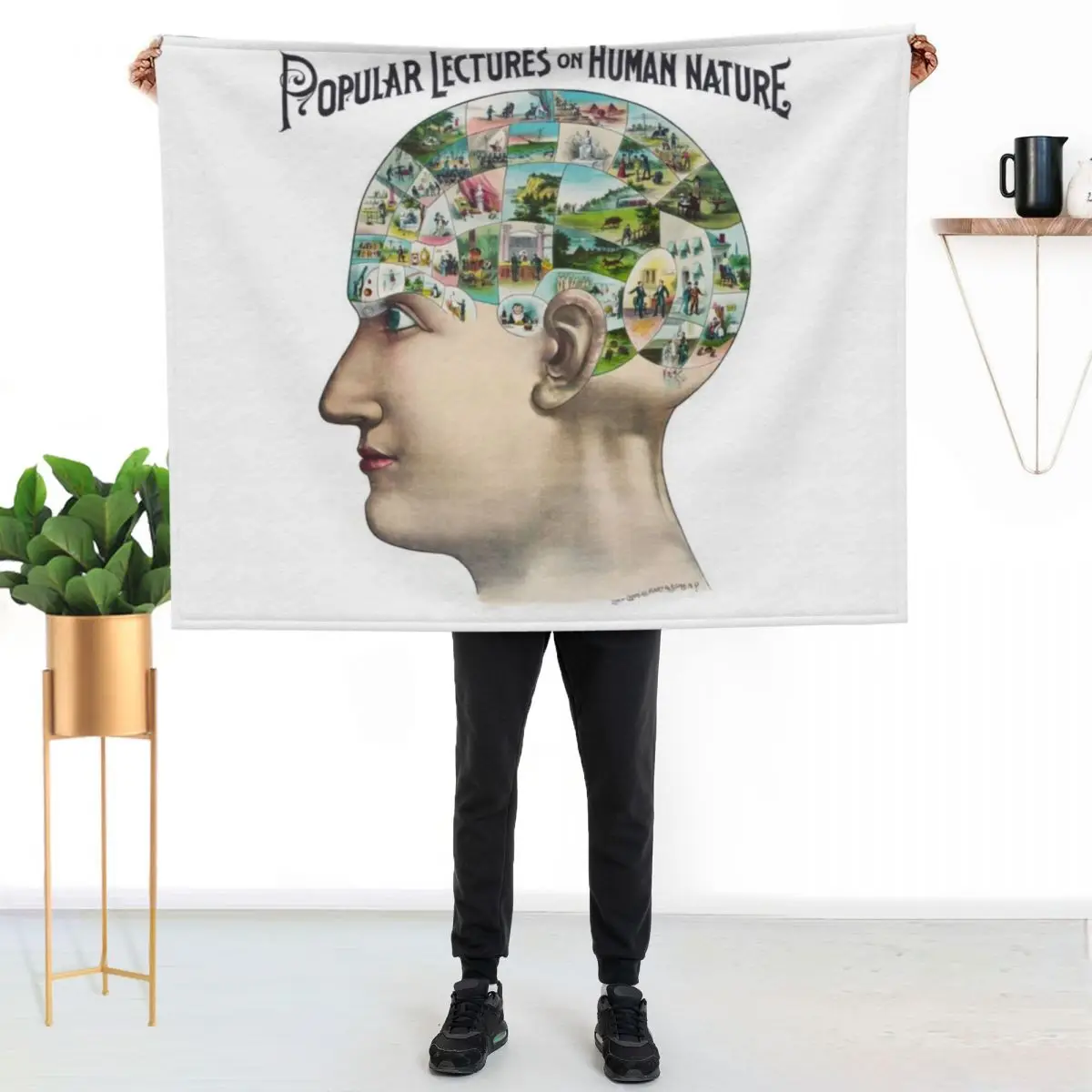 

Vintage Phrenology Head Humanity Mindmap Illustration Throw Blanket Travel Size Cozy Blanket for Plane Train