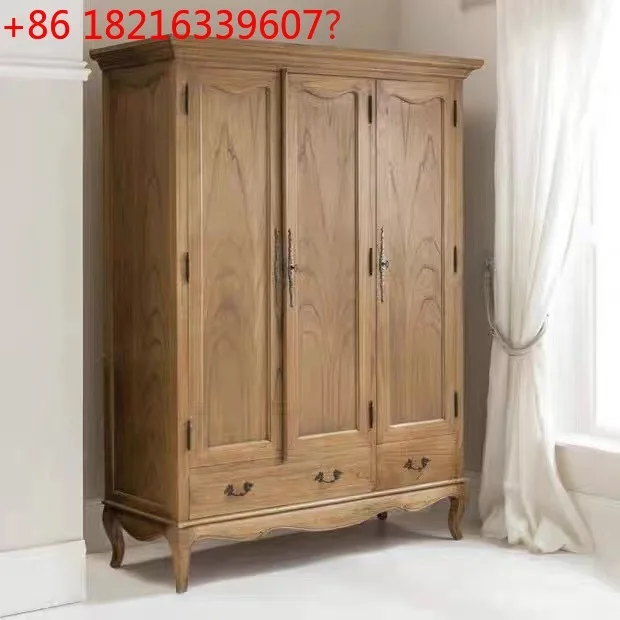 

French retro high-end solid wood old simple light luxury bedroom three doors double doors solid wood children's wardrobe