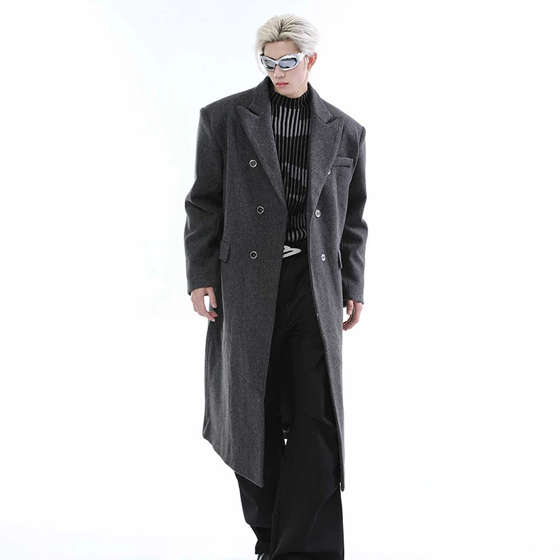 PFNW Niche Deconstructed Silhouette Lapel Double Breasted Long Tweed Coat High Street High Quality Men's Overcoat Jacket 12C2001