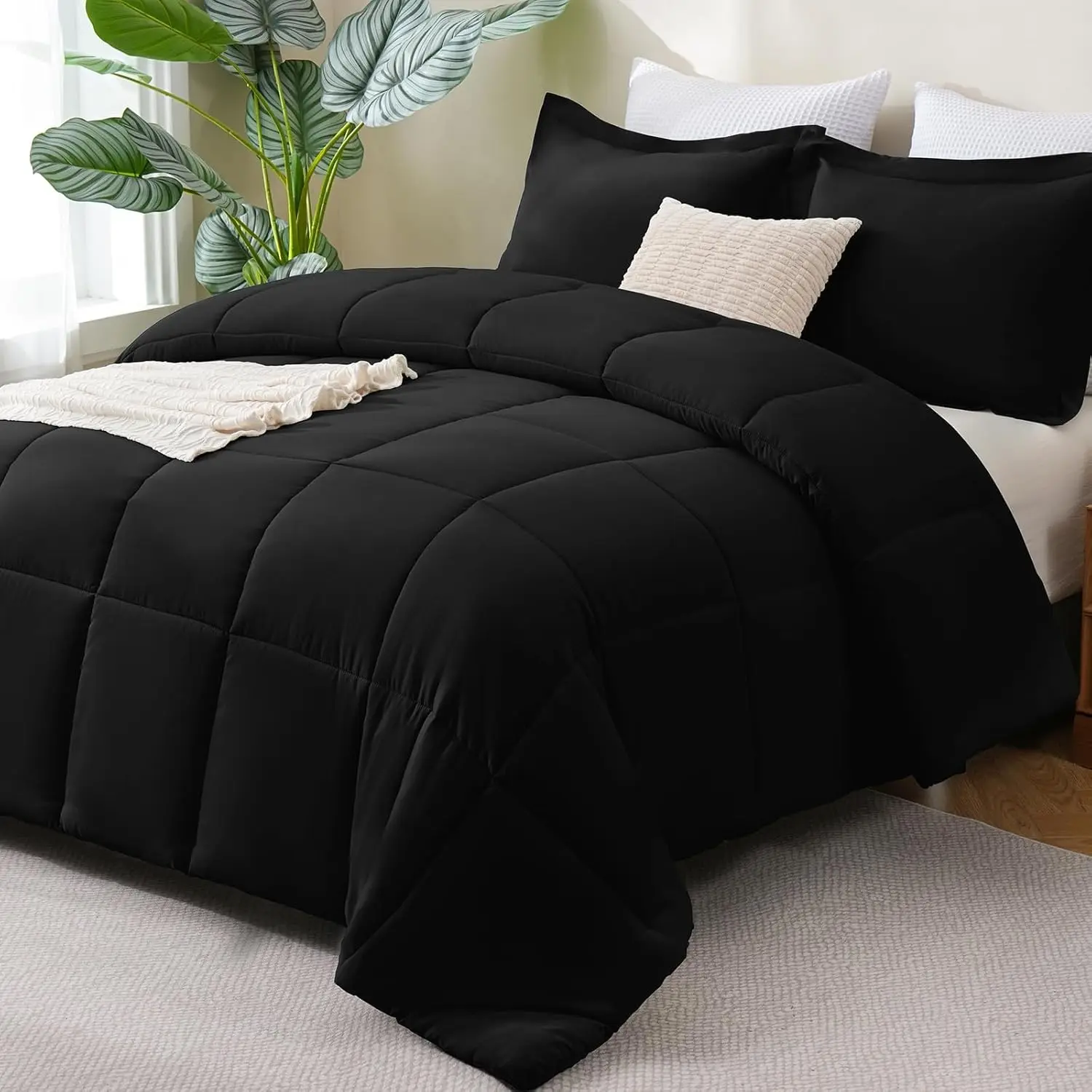 Conjunto de edredom Queen preto – 3 peças, roupa de cama macia para todas as estações com alternativa de penugem, leve e respirável