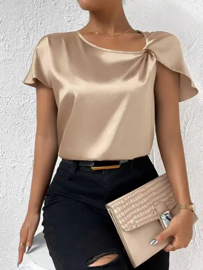 2024 Summer Neck Twist Detail Satin Blouse Casual Loose Solid Short Sleeve O-Neck Shirts Summer Office Lady Tops Chic Streetw