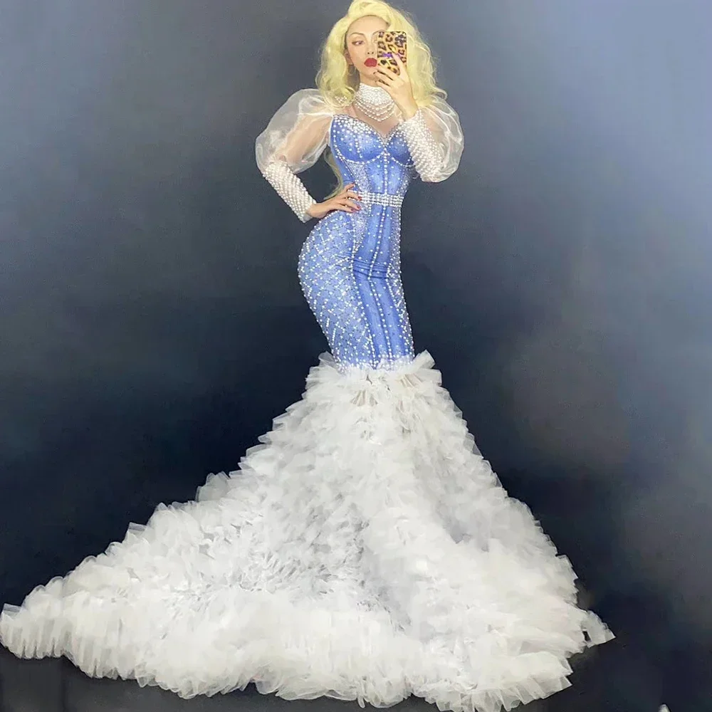 Gauze Puff Sleeves Denim Pearls Sexy Folds Long Trailing Dress For Women Model Cloth Stage Entertainer Evening Wear Drag Queen