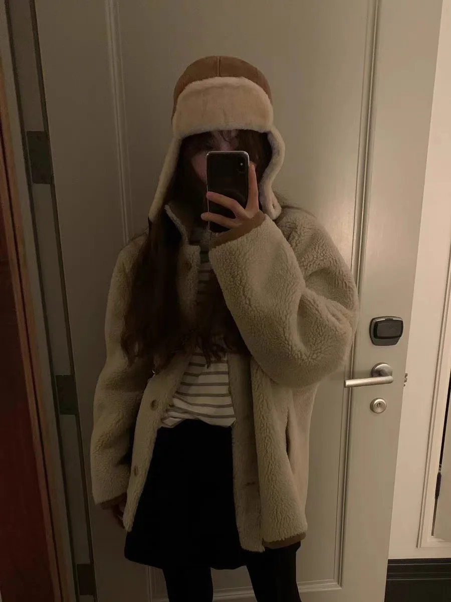 ملابس على الوجهين من فرو الضأن Jaet معطف نسائي عتيق فضفاض من الفرو والجلد متكامل بوابة Dongda OUCE معطف طويل للدفء #2