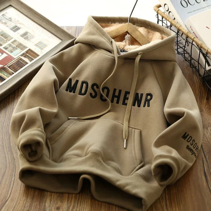 Autumn Winter Boys Hoodies Kids Padded Hooded Sweatshirts Plus Velvet Tracksuit Children Warm Clothing Teenager Thicken Coats