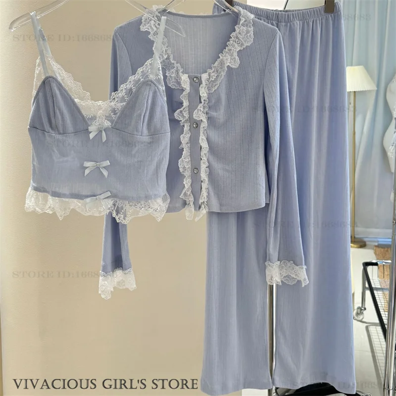 

Женский пижамный комплект из 3 предметов, удобная одежда для сна из модала, одежда для дома, элегантный пижамный костюм во французском стиле с накладкой на грудь, свободная домашняя одежда