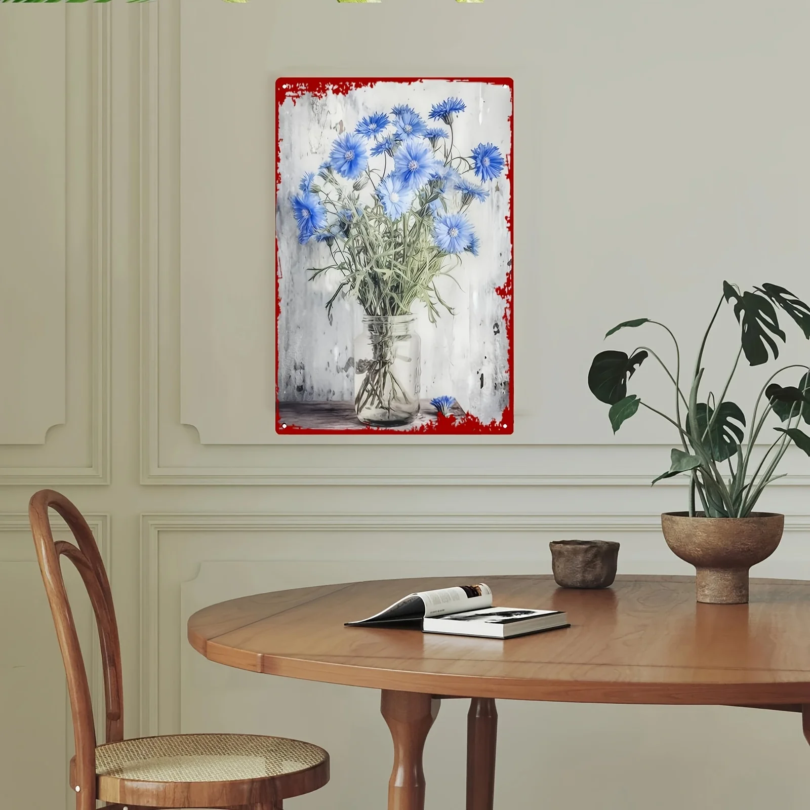 2D Flat - 2D Metal Wall Art Featuring a Blue Vase Design, Set Against a White Vintage Background with a Red Border, Measuring 20