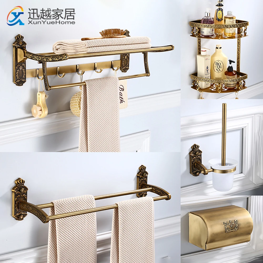 Antique Aluminum Corner Shelf European Style Towel Rack Storage Double Bar Toliet Brush Paper Holder Bathroom Accessories