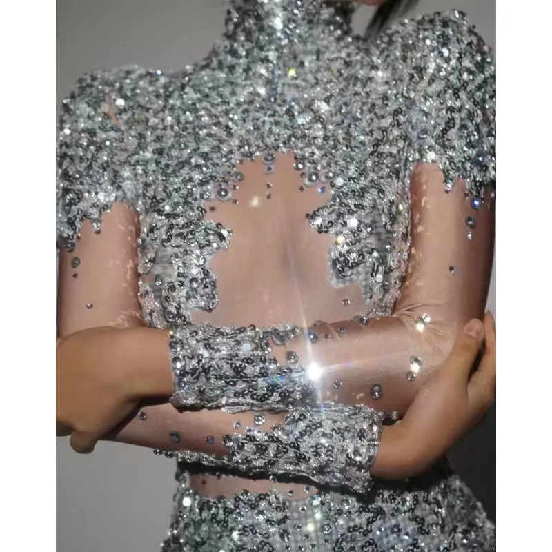 Sparkly Rhinestones Sequins Stretchy Leotard Jumpsuit for Women Sexy Performance Dance Costume Singer Bodysuit Stage Wear