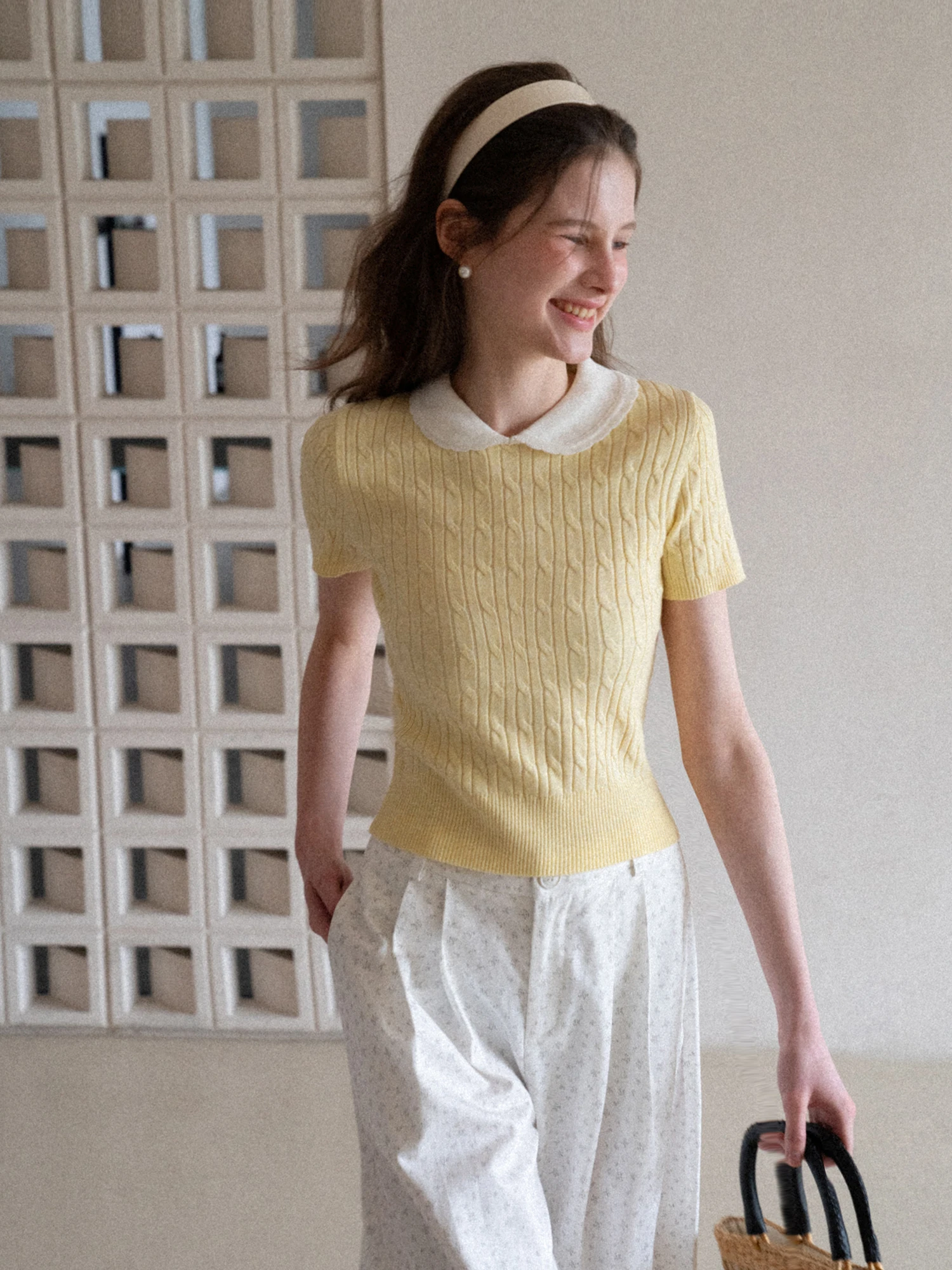 

EGGKA Sweet Sle Knitted ort Sve Sweater Color Blo Doll Collar Slim Fit Summer Top Soft Polyester Fiber Casual Wear