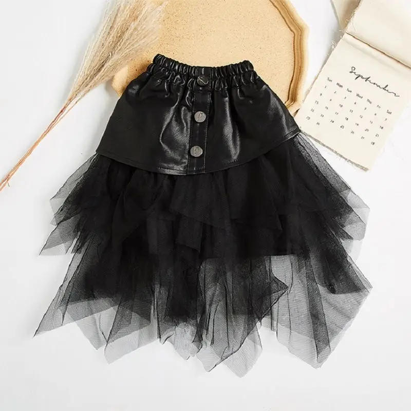 Girls' Clothing, Girls' Irregular Skirt, Korean Version, Autumn and Winter Children's Mesh PU Leather Skirt