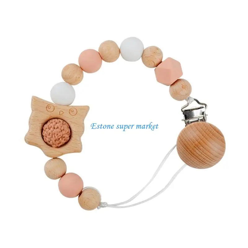 

090B Cartoon Pacifier Clip for Girl Boys Wooden Silicone Bead with Clip Chain Teether