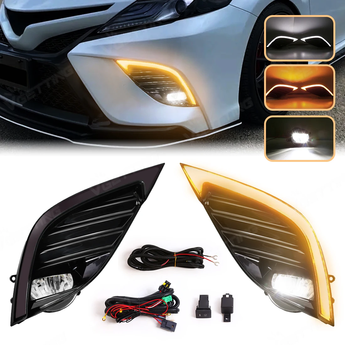 

For Toyota Camry SE XSE 2018 2019 2020 Car LED Daytime Running Light White DRL Yellow Turn Signal Headlights Driving Fog Lamp