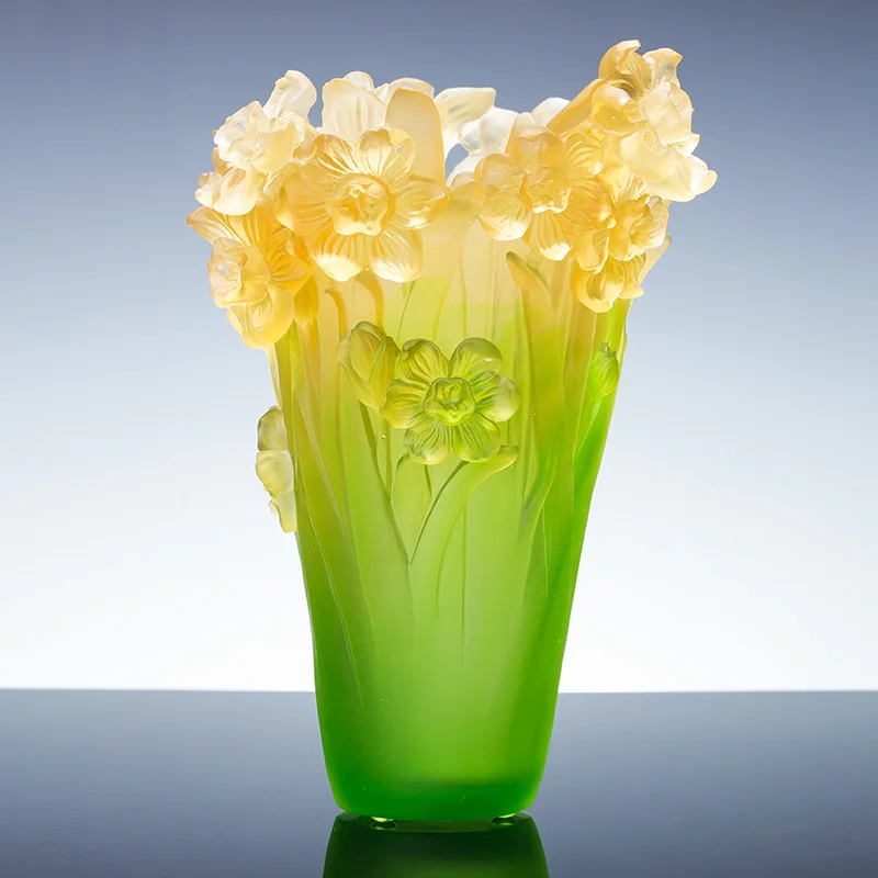 Murano Crystal Vase, High Quality Home Decoration, Engraved Rose Pattern, Green And Blue Casting, Commemorative Gift