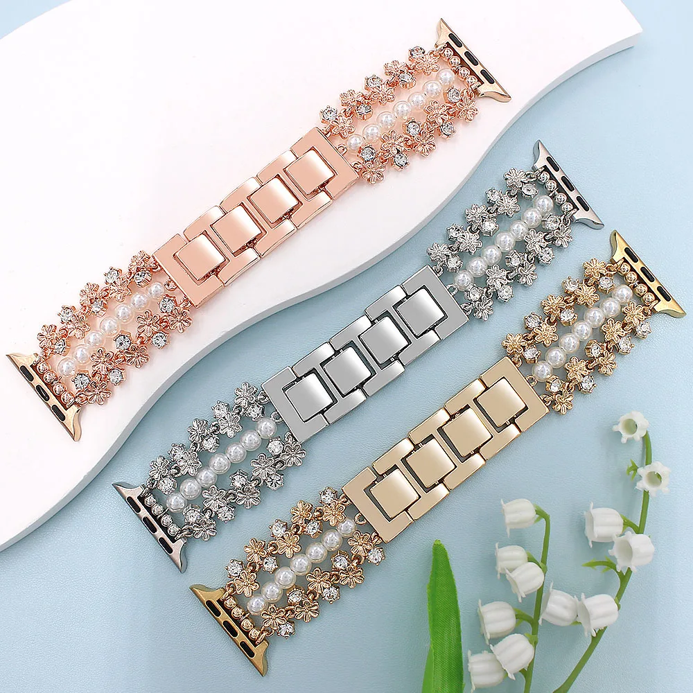 Pearls Strap for Apple Watch Band 45mm 49mm Iwatch Series 10 42 46mm 9 8 7 Se Ultra 2 Flower Metal Watchband 44 41 40mm Bracelet