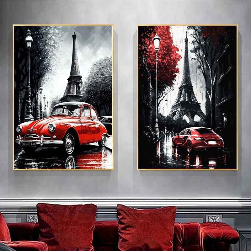 خمر سيارة حمراء أبيض وأسود باريس لندن المشهد اللوحة الرسم على لوحات القماش الجدارية المشارك لغرفة المعيشة ديكور المنزل الهدايا #3